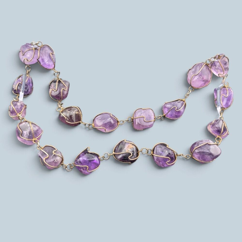 Purple Stone Wire Wrapped Necklace 23.5" Gold Tone Amethyst Look
